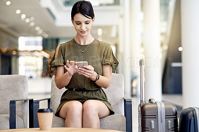 Buy stock photo Travel, phone and business woman at airport for notification, schedule or online booking. Flight, mobile and happy employee waiting at lobby for journey, check email and trip information with bokeh