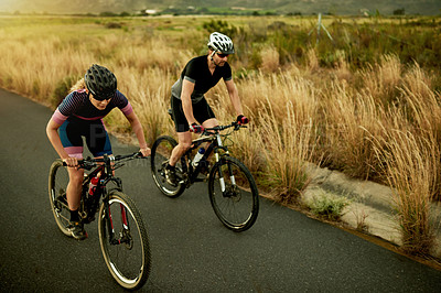 Buy stock photo Cycling, road and couple with bicycle on mountain for sports hobby, training and outdoor exercise. Workout, fitness and man with woman on bike for adventure, journey and wellness in countryside