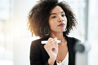 Buy stock photo Business, whiteboard and woman in office, thinking and planning with financial agency. African person, problem solving or employee with funding proposal, choice or brainstorming with solution or idea