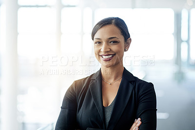 Buy stock photo Business, portrait and woman in office, accounting and financial agency with career ambition. Person, employee and consultant in workplace, economy expert or pride with happiness, smile or confidence