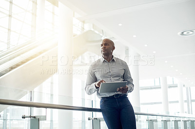 Buy stock photo Tablet, thinking and black man in office with research for finance report with email. Digital technology, ideas and African male financial manager with online investment proposal in workplace.