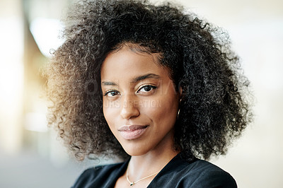 Buy stock photo Afro, portrait and serious with business woman in lobby for company development or opportunity. About us, convention center and face of African employee in foyer for corporate event or mission
