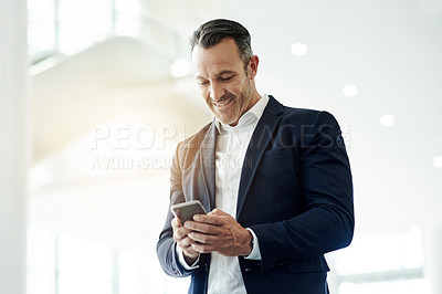 Buy stock photo Texting, online and man with smartphone, office and communication for legal appointment or schedule. Space, networking and lawyer with mobile for consultation, planning and policy updates on website