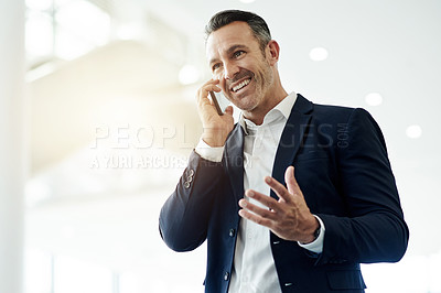 Buy stock photo Talk, phone call and happy business man networking, chat and investment guidance. Mobile, mature financial consultant and communication with contact for conversation, wealth advice or flare in office