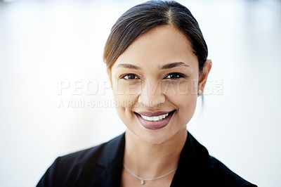Buy stock photo About us, portrait and smile of business woman in lobby for professional career development. Convention center, face and pride with happy employee in foyer for company mission or corporate growth