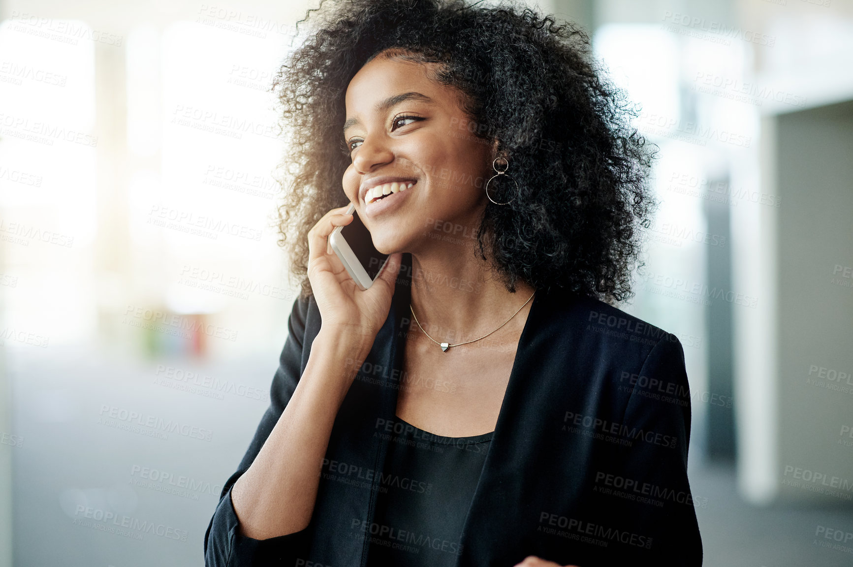 Buy stock photo Idea, phone call and smile with business woman in foyer for career or corporate development. Communication, feedback and thinking with happy African employee in lobby for negotiation or update