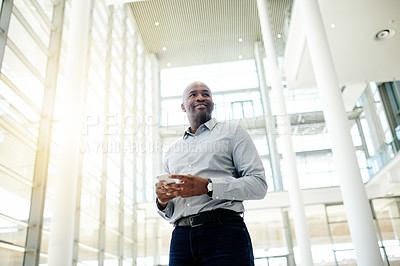 Buy stock photo Thinking, business and black man with phone in office for vision, research and architecture design. Architect, mobile and thoughts for building planning, development reflection and quality assurance