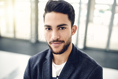 Buy stock photo Portrait, corporate and business man in office with ambition, about us and financial job with flare. Confidence, worker and professional in company with career experience as tax specialist in Qatar
