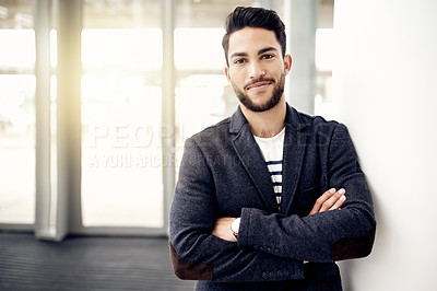 Buy stock photo Crossed arms, confident and portrait of businessman in office with happiness for finance career. Smile, professional and male financial manager with pride for corporate job opportunity in workplace.