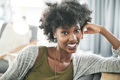 Buy stock photo Portrait, happiness and black woman in lounge, break and comfortable on weekend, calm and apartment. Relax, person and rest on couch, smile or confident in home, peace or positive attitude in Nigeria