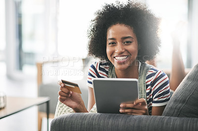 Buy stock photo Online shopping, portrait and woman with tablet, home or card for digital purchase, happy and order. Rest, customer and African person with credit for discount, smile and tech for ecommerce in house