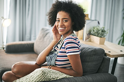 Buy stock photo Happy, relax and portrait of woman on sofa in home for calm, peaceful or morning on weekend break. Smile, confident and female person from Brazil with positive attitude in living room at apartment.