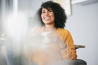 Buy stock photo Woman, coffee and thinking on couch with smile, memory and relax with comfort in living room. Person, happy and perspective with drink, tea and insight for reflection with inspiration at apartment