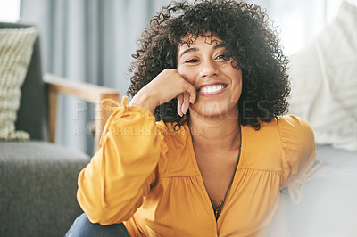 Buy stock photo Smile, relax and portrait of woman in home on floor for resting, chill and comfortable on weekend. Living room, happy and person with free time, break and lazy for peace, wellness and calm in house