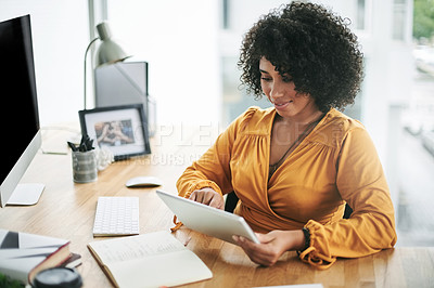 Buy stock photo Business, publication and tablet with editor woman at desk in office for online fashion magazine. Agency, app and internet with person in workplace to post or review article for virtual column