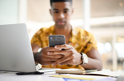 Buy stock photo Hands, laptop or phone for fashion designer communication in ecommerce, online shop or store app. Freelance person, stylist or technology for product price research, sourcing or creative vision ideas