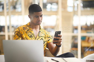 Buy stock photo Fashion stylist, thinking and phone for clothes app design, website and homepage layout for ecommerce store. African man, vision and ideas with technology for trendy capsule, wardrobe and inspiration