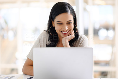 Buy stock photo Business, woman and reading on laptop in office for email feedback, communication or networking. Digital designer, intern and happy with research for content review or social media marketing campaign