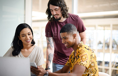 Buy stock photo Group, reading and tablet for research, online and collaboration for web design, smile and office. Laptop, men and woman with diversity, communication and people with teamwork, planning and business
