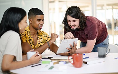 Buy stock photo Group, reading and tablet for research, collaboration and celebration for web design, smile and office. Discussion, men and woman with diversity, communication and people with teamwork and planning