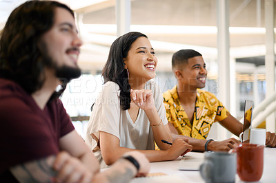 Buy stock photo Business, people and listening to presentation in workplace for creative brief, project updates and requirements. Team, graphic designers and meeting to review trends, collaboration and workshop.