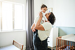 Family, nursery and mother play with baby for bonding, quality time and child development at home. Love, motherhood and happy mom relax with kid learning to walk with toy, support and care in bedroom