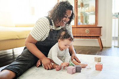 Buy stock photo Babysitter, baby and play with blocks in home, learning and education in house. Development, care and happy nanny playing with child toys, toddler and newborn while bonding and having fun together.
