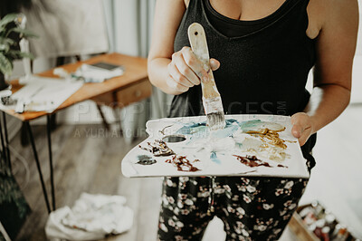 Buy stock photo Paint, palette and hands of woman in art studio at home with brush, canvas and inspiration with color mix. Painting, tools and talent, professional artist with ideas and freedom for creative work.
