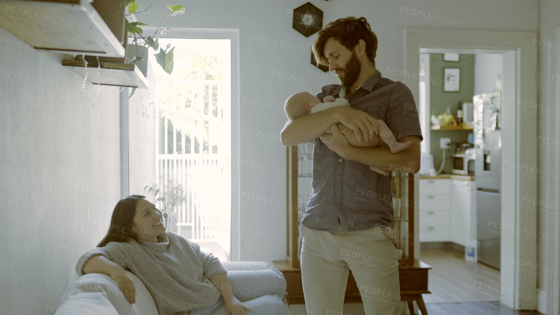 Buy stock photo Mother, hug or father with newborn in home for care, love or bond together to nurture child development. Lounge, baby or dad with infant or mom for support, trust or comfort in family house to relax 