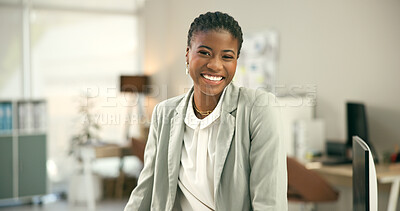 Buy stock photo Portrait, smile and black woman in corporate workplace, business or office in Nigeria. Face of African professional entrepreneur, happy worker or employee, consultant advisor or agent with confidence