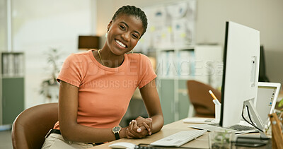 Buy stock photo Black woman, computer and smile for office job, employee and portrait for copywriter career. Businesswoman, positive and person for occupation, workplace and corporate for company, face and happy

