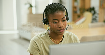 Buy stock photo Reading, computer or face of black woman in call center with advice to help for communication. Microphone, customer services or African sales consultant in telecom, tech support or telemarketing