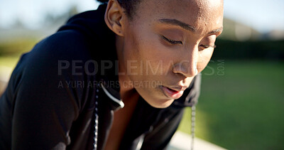 Buy stock photo Fitness, exercise and tired runner outdoor for fatigue, intense and rest on break on run in park. Breathe, exhausted and black woman with healthy lifestyle, training and cardio workout for wellness