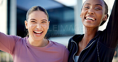 Buy stock photo Fitness, portrait and women with smile, outdoor and laugh together after physical activity or health. Happy people, connection and friends post exercise, resting and workout for wellness in city