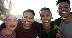 Exercise, portrait and group with smile, outdoor and laughing after physical activity and wellness. Happy people, connection together and friends hug post workout, flare and bonding on break in city