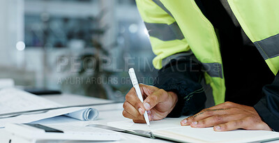Buy stock photo Hands, notebook and urban planning in office for civil engineering, notes or ideas with architecture. Person, writing or pen with paperwork for construction project, renovation or  infrastructure