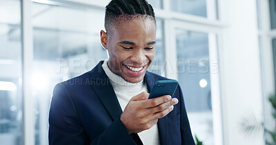Buy stock photo Businessman, laughing and chatting with phone in office, accountant or reading good news on website. Message, online and black person with mobile, bookkeeping and happy for business growth on app