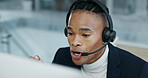 Computer, consulting and man with headset for call center, assistance and help for financial advice. Finance, talking and black person on pc for contact us, loan support and customer service
