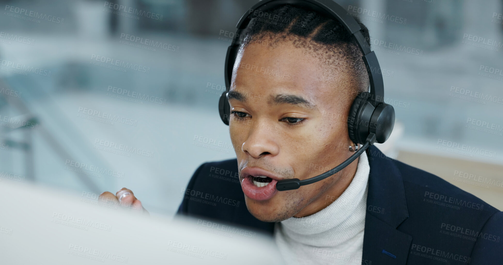 Buy stock photo Computer, consulting and man with headset for call center, assistance and help for financial advice. Finance, talking and black person on pc for contact us, loan support and customer service