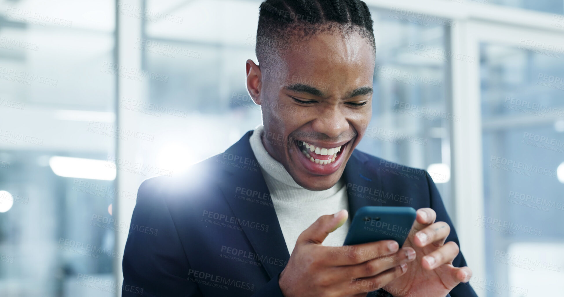 Buy stock photo Businessman, reading and laughing with phone in office, accountant or good news on social media app. Message, flare and black person with mobile, happiness and bookkeeping for business growth on web