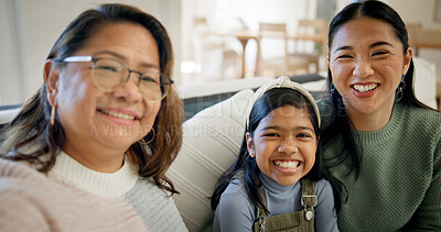 Buy stock photo Family, portrait and child with grandma in lounge, laughing and bonding with senior mother in house. Mom, generations and Asian people with girl, happiness and connection with grandparent in home