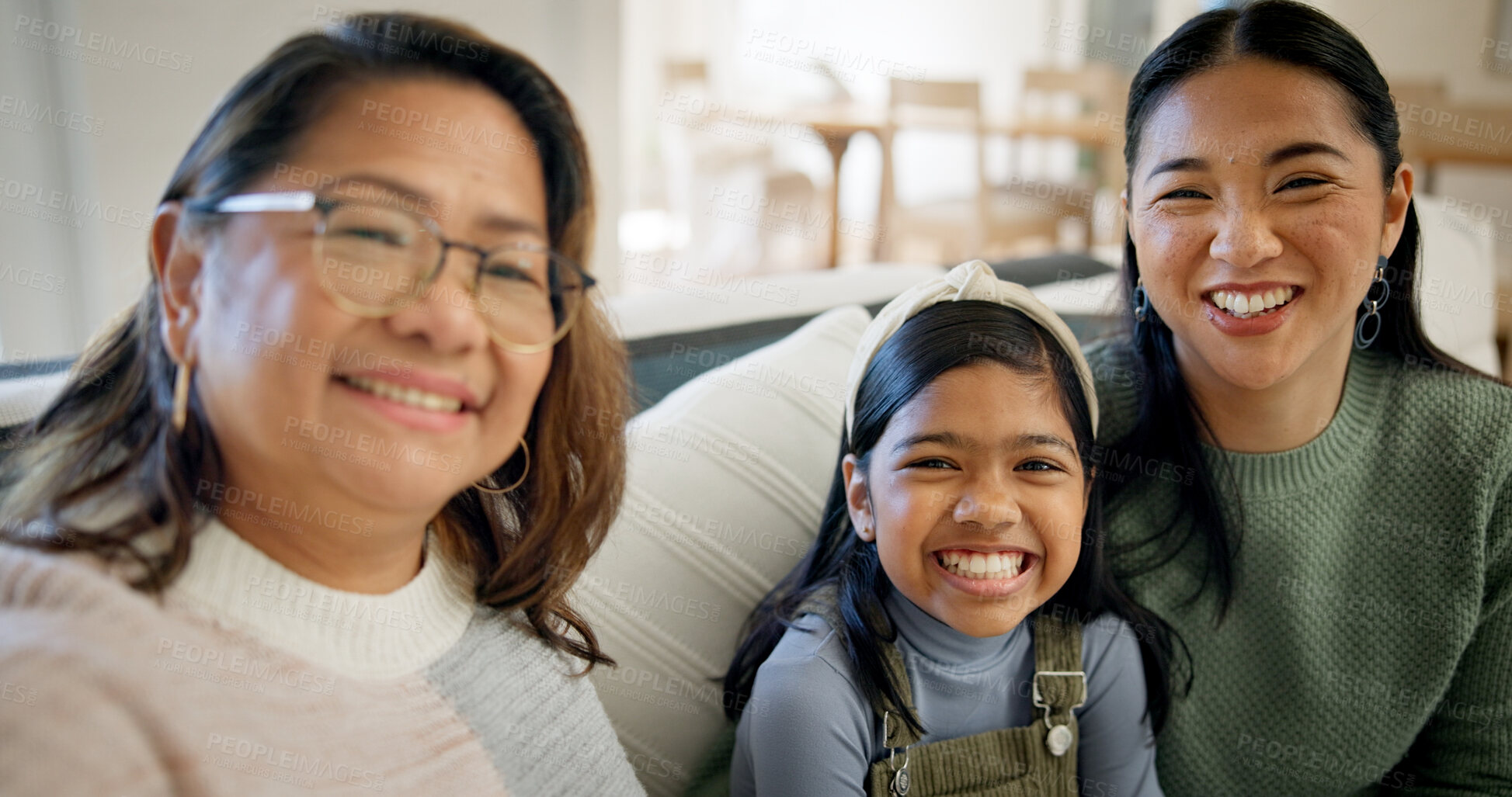 Buy stock photo Family, portrait and child with grandma in lounge, laughing and bonding with senior mother in house. Mom, generations and Asian people with girl, happiness and connection with grandparent in home