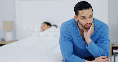 Buy stock photo Couple, conflict or man on bed with thinking, partner betrayal or insomnia for cheating revelation. Bedroom, tension or husband in home with overthinking marriage, infidelity or contemplating divorce