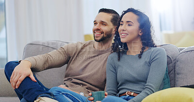 Buy stock photo Relax, sofa and happy couple watching tv in home for holiday, weekend or online streaming together. Man, woman or chilling with smile on couch for entertainment subscription, movie or show in house