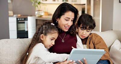 Buy stock photo Mother, children and play in living room with tablet, bonding together and video game for knowledge. Happy, woman and kids in family home with tech, entertainment and online gaming for education.