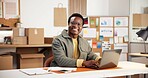 Logistics, portrait and happy man with laptop in small business, online or stock distribution on web. Ecommerce, info and black person with tech, supply chain and smile with research and inventory