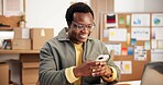 Logistics, small business and happy man with phone, texting and delivery update on social media app. Typing, message and black person with mobile, shipping and communication with contact in startup