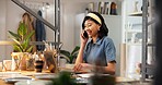Pottery, woman and laptop in small business with phone call, good news and order for art commission. Happy, entrepreneur and person in ceramics store with tech, contact and seller of clay product.