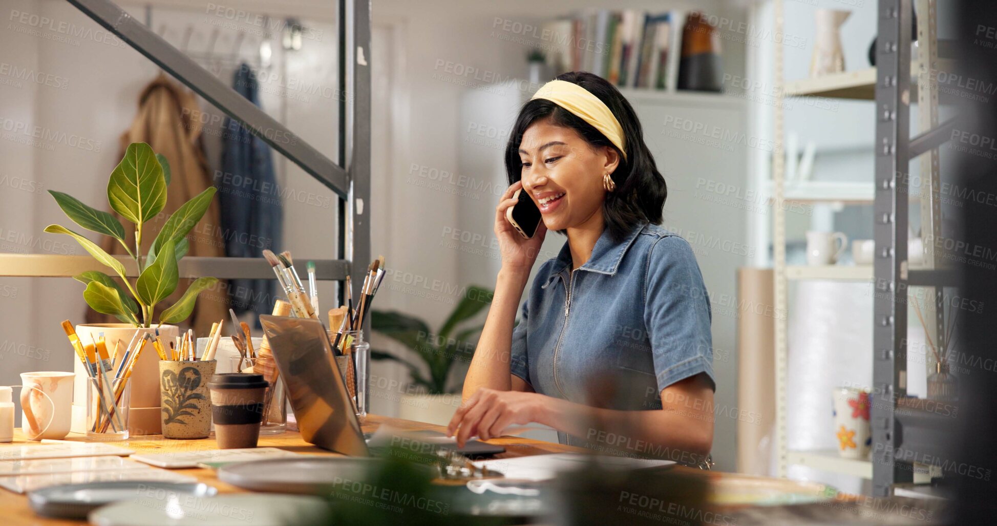 Buy stock photo Pottery, woman and laptop in small business with phone call, good news and order for art commission. Happy, entrepreneur and person in ceramics store with tech, contact and seller of clay product.