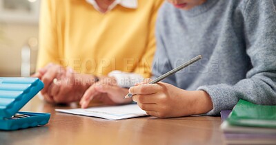 Buy stock photo Homework, grandparent and child in house with hands, childcare and support with homeschool activity. Education, grandmother and kid with task help, family guidance and assistance in home learning.